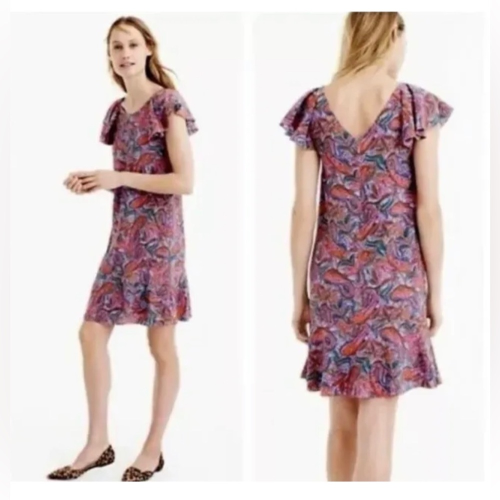 J. Crew 100% Silk Paisley Ruffle Shift Mini Dress Size 12 Pink Blue Green